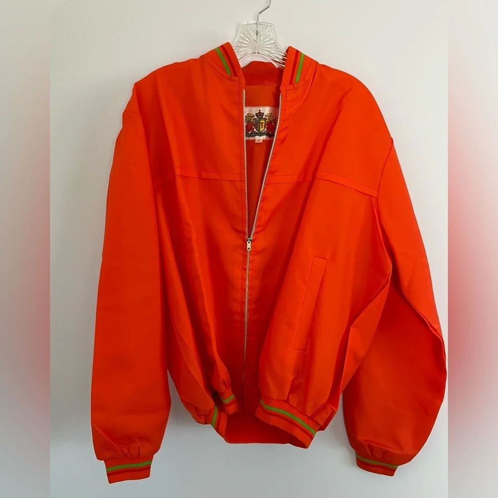 VTG Bright Neon Orange Green Detail Streetwear Zip-up Jacket FT Two Lions Sz XL